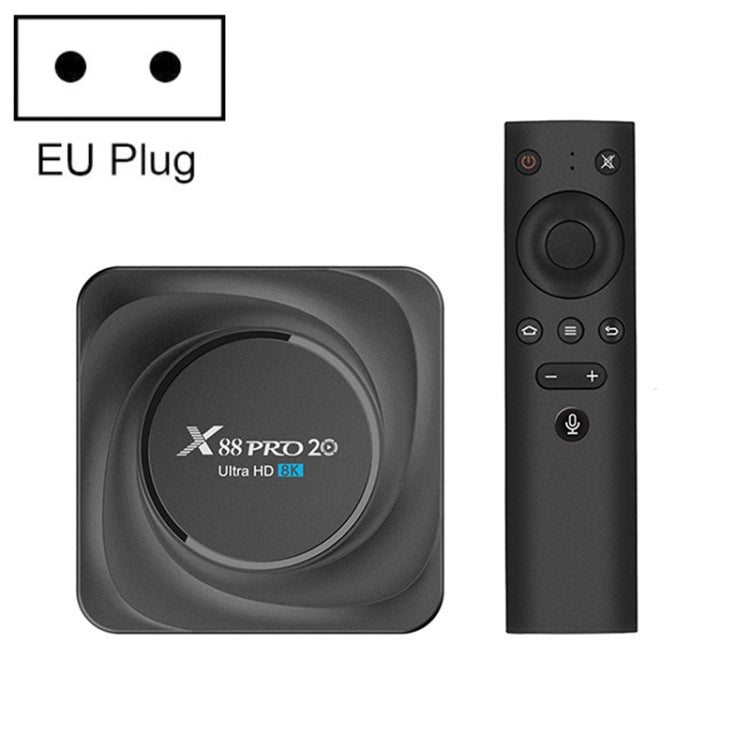 X88 Pro 20 4K Smart TV BOX Android 11.0 Media Player with Voice Remote, RK3566 Quad Core 64-bit Cortex-A55 up to 1.8GHz, RAM: 8GB, ROM: 128GB, Support Dual Band WiFi, Bluetooth, Ethernet, US Plug, 8GB+128GB