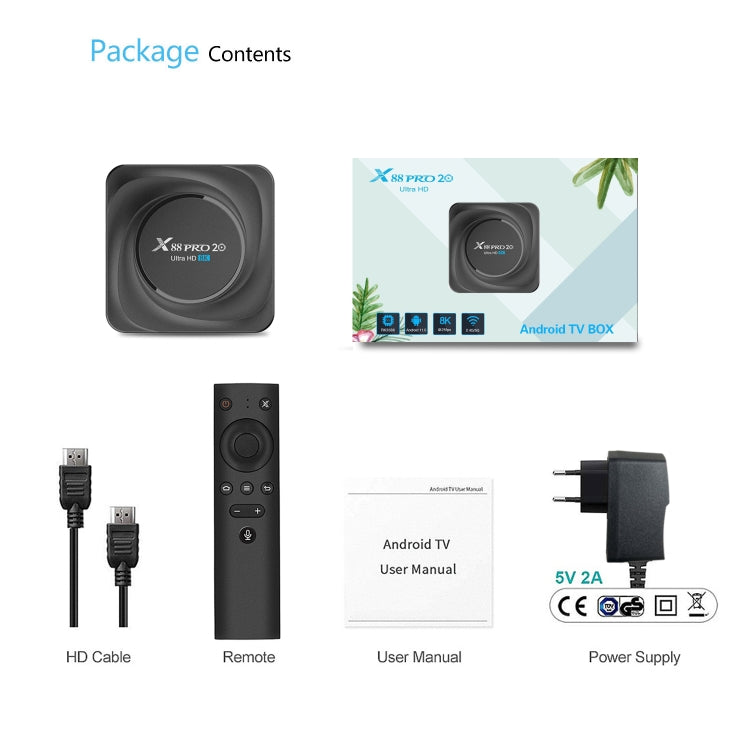 X88 Pro 20 4K Smart TV BOX Android 11.0 Media Player with Voice Remote, RK3566 Quad Core 64-bit Cortex-A55 up to 1.8GHz, RAM: 8GB, ROM: 128GB, Support Dual Band WiFi, Bluetooth, Ethernet, US Plug, 8GB+128GB