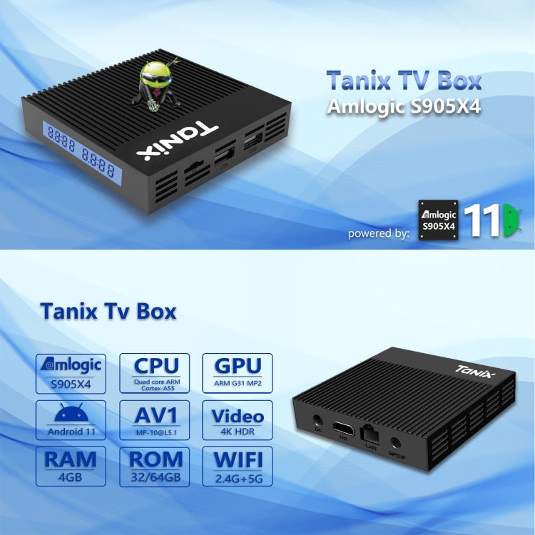 Smart TV Box Tanix X4 Android 11, Amlogic S905X4 Quad Core, 4 GB+32 GB, doppio Wifi, BT, 4GB+32GB