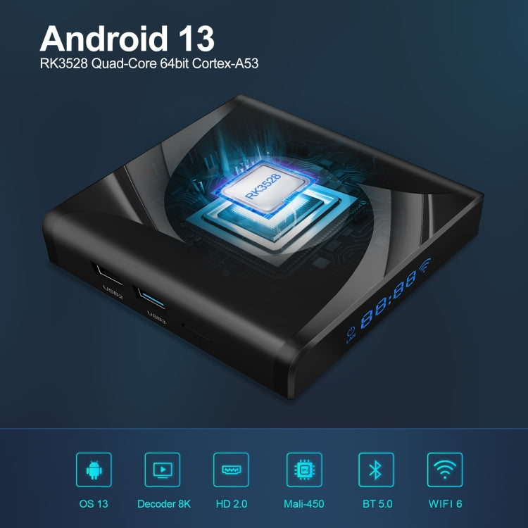 X88 Pro 13 Android 13.0 Smart TV Box con telecomando, RK3528 Quad-Core, 2GB+16GB, 2GB+16GB