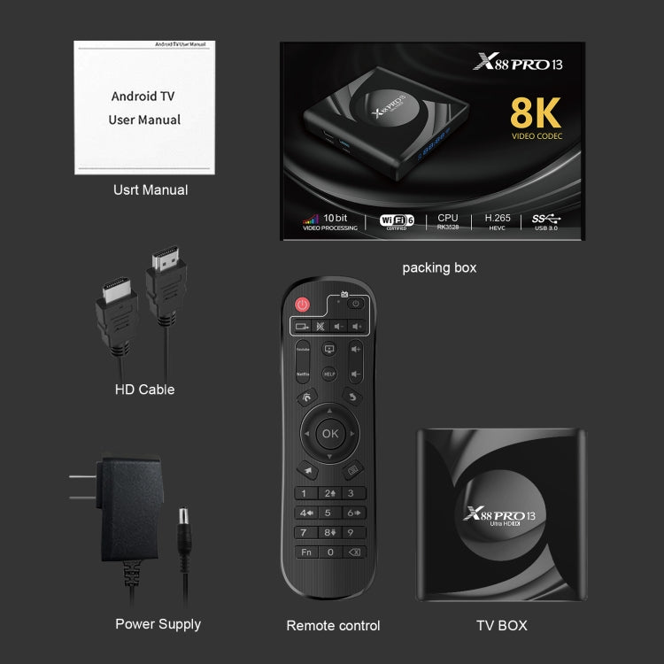 X88 Pro 13 Android 13.0 Smart TV Box con telecomando, RK3528 Quad-Core, 2GB+16GB, 2GB+16GB