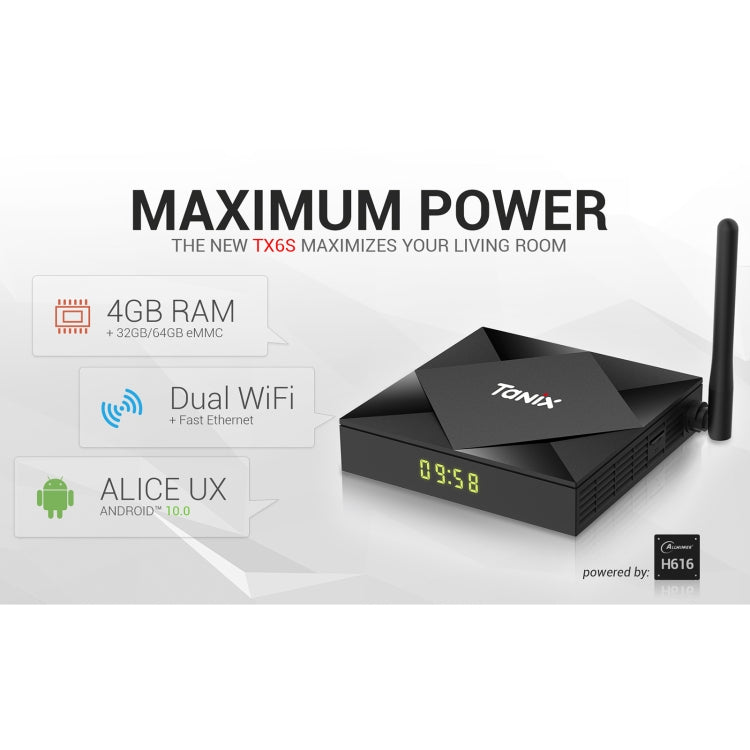 TANIX TX6s 4K Smart TV BOX Lettore multimediale Android 10 con telecomando, Quad Core Allwinner H616, RAM: 4 GB, ROM: 32 GB, WiFi 2,4 GHz/5 GHz, Bluetooth, presa EU, 4GB+32GB