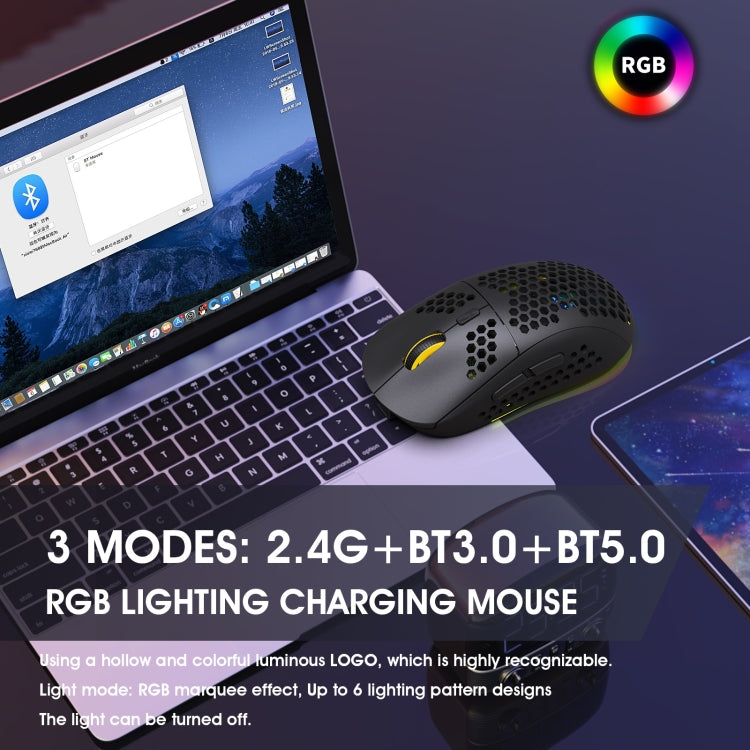 Mouse da gioco wireless a tre modalità leggero RGB HXSJ T90