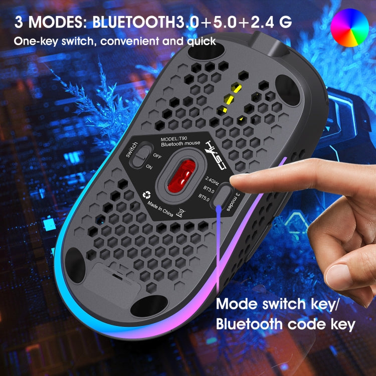 Mouse da gioco wireless a tre modalità leggero RGB HXSJ T90