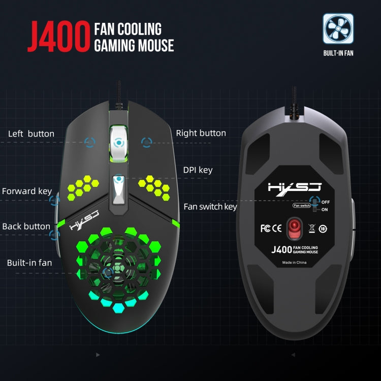 HXSJ J400 Mouse cablato da gioco con ventola di raffreddamento a 6 tasti 8000 DPI RGB, J400