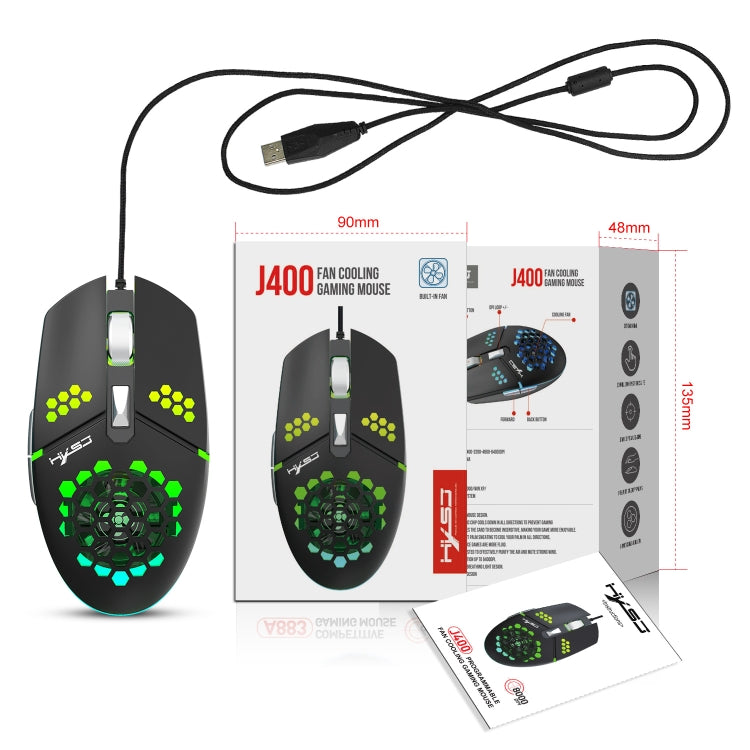 HXSJ J400 Mouse cablato da gioco con ventola di raffreddamento a 6 tasti 8000 DPI RGB, J400