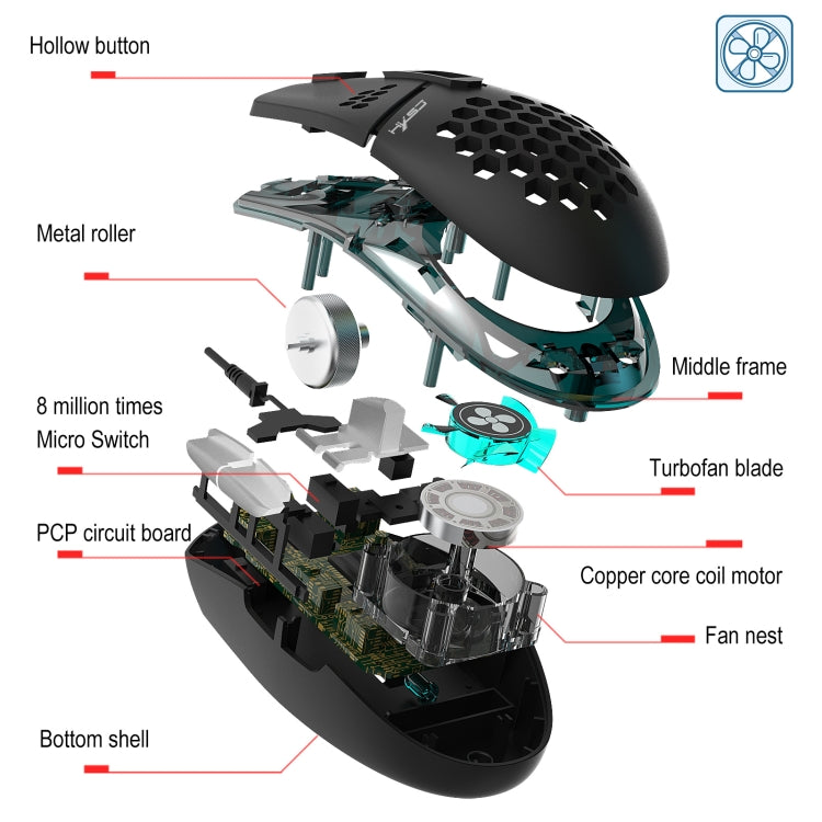 HXSJ J400 Mouse cablato da gioco con ventola di raffreddamento a 6 tasti 8000 DPI RGB, J400