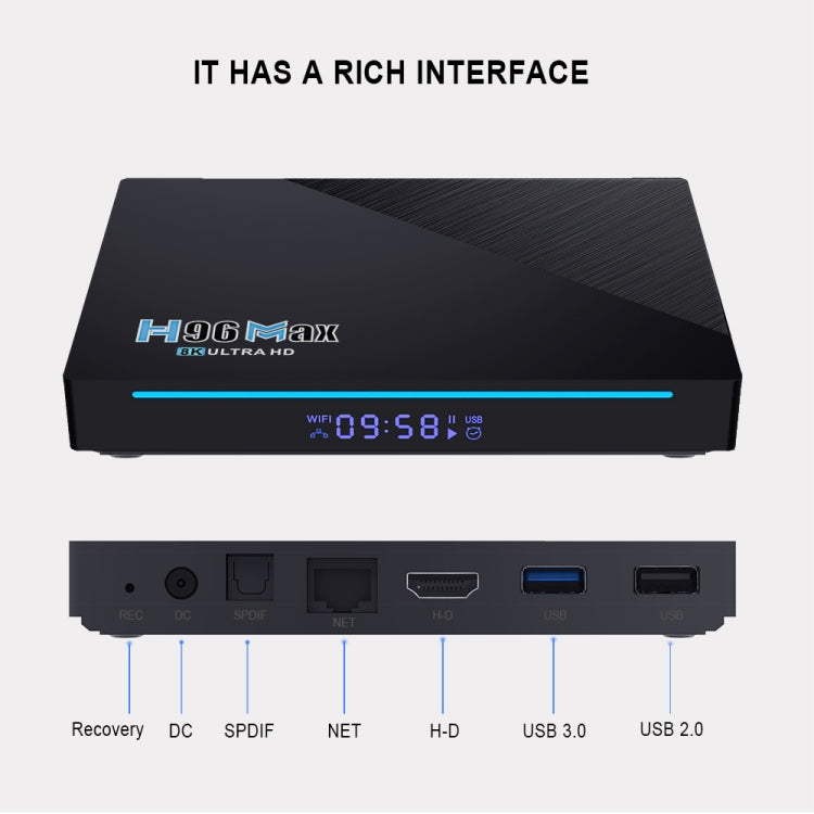 H96 Max 8K Smart TV BOX Lettore multimediale Android 11.0 con telecomando, Quad Core RK3566, RAM: 4 GB, ROM: 32 GB, doppia frequenza 2,4 GHz WiFi / 5G, 4GB+32GB, US Plug, 4GB+32GB, EU Plug, 4GB+32GB, UK Plug, 4GB+32GB, AU Plug