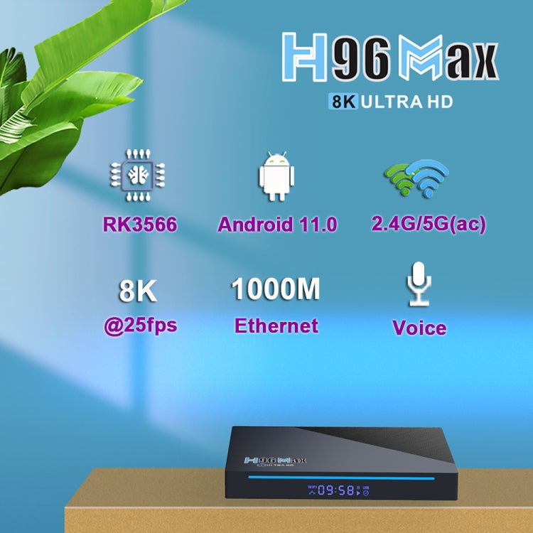 H96 Max 8K Smart TV BOX Lettore multimediale Android 11.0 con telecomando, Quad Core RK3566, RAM: 8 GB, ROM: 64 GB, doppia frequenza 2,4 GHz WiFi / 5G, 8GB+64GB, US Plug, 8GB+64GB, EU Plug, 8GB+64GB, UK Plug, 8GB+64GB, AU Plug