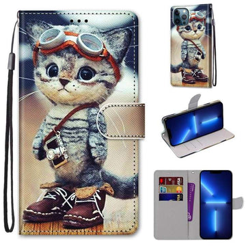 Custodia in pelle PU a vibrazione orizzontale con motivo incrociato colorato con supporto e slot per carte e portafoglio e cordino, For iPhone 13 Pro Max