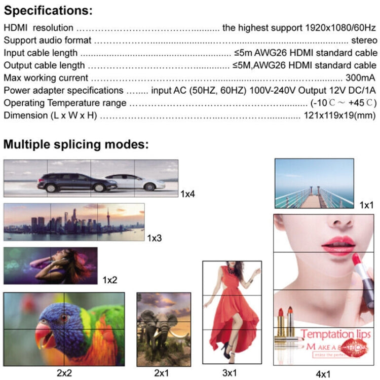 Controller per video wall 1080P 2 x 2 HDMI + DVI a 4 porte HDMI, 1080P