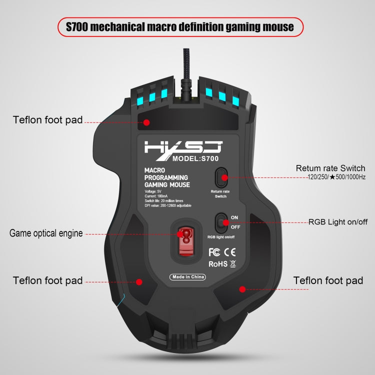 HXSJ S700 USB 12800 dpi regolabile 10 tasti meccanico cablato mouse da gioco
