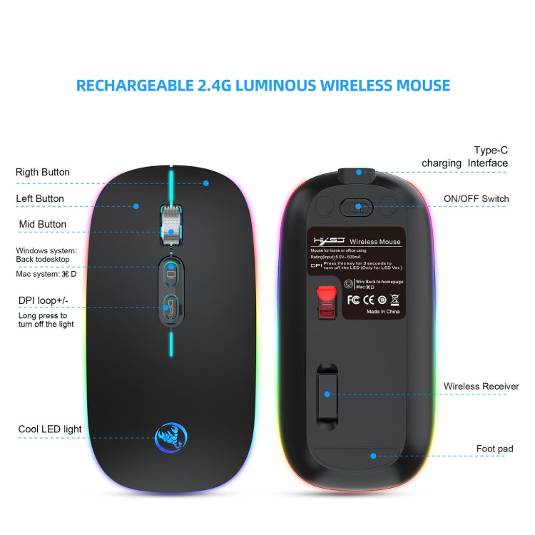 HXSJ M103FG Mouse wireless con luce RGB regolabile da 1600 dpi 2,4 G, 2.4G