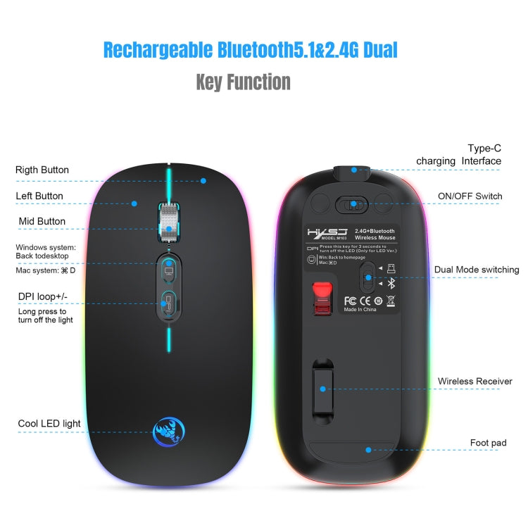 HXSJ M103FG 1600 dpi regolabile 2.4G + Bluetooth RGB Light Mouse wireless, 2.4G + BT5.1
