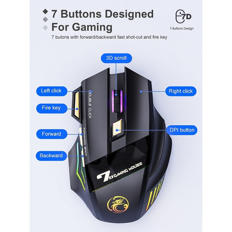 iMICE GW-X7 2.4G + Bluetooth Dual Mode Mouse da gioco wireless ricaricabile silenzioso a 7 pulsanti con luci RGB colorate, GW-X7 2.4G + Bluetooth
