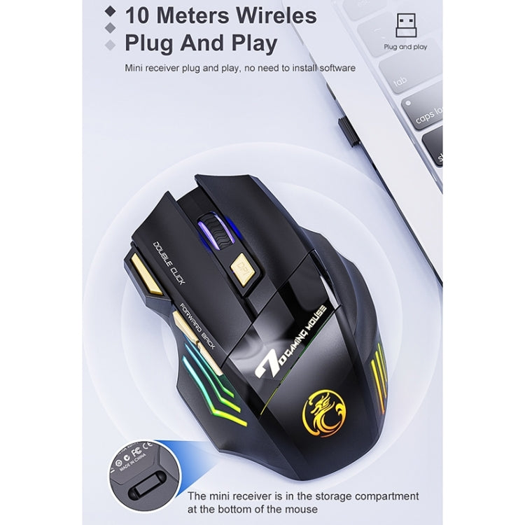 iMICE GW-X7 2.4G + Bluetooth Dual Mode Mouse da gioco wireless ricaricabile silenzioso a 7 pulsanti con luci RGB colorate, GW-X7 2.4G + Bluetooth