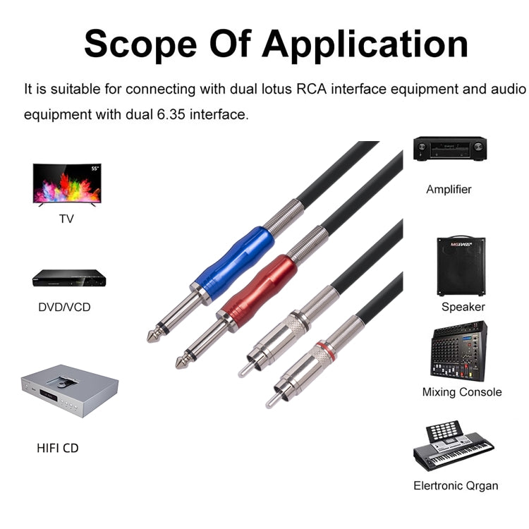 3051K63 Cavo audio per mixer da doppio RCA maschio a doppio da 6,35 mm 1/4 di pollice maschio, 1m, 2m, 3m