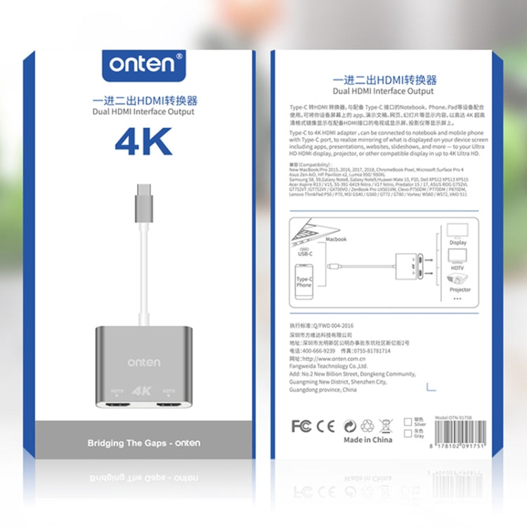 Onten OTN-9175B 4K Convertitore da USB-C / Tipo-C a doppia uscita HDMI, OTN-9175B