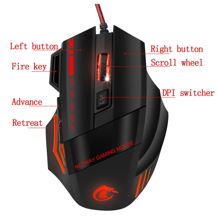 HXSJ A907 Mouse da gioco cablato 7D luminoso colorato a 7 tasti, A907 Black, A907 Red