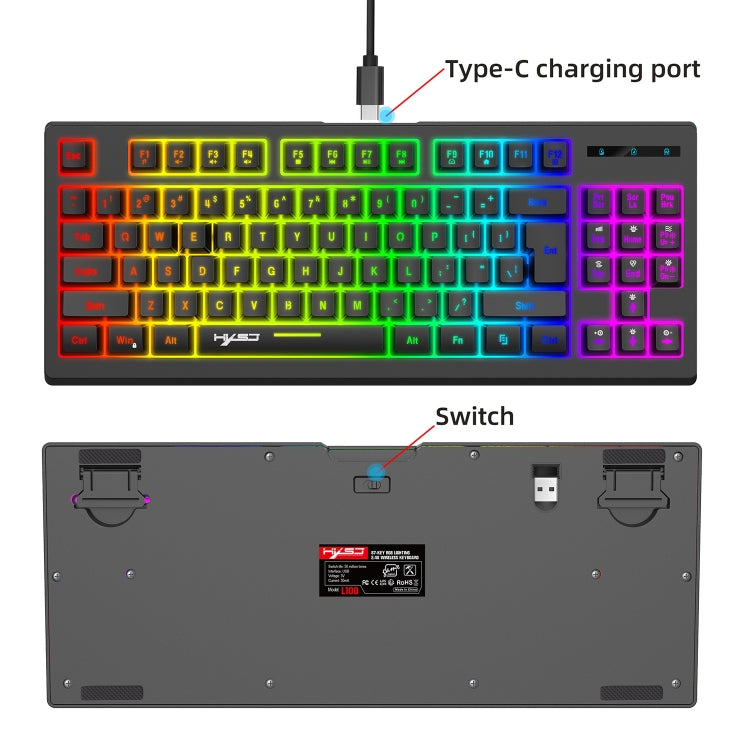 HXSJ L100 Tastiera wireless 2.4G con film retroilluminato RGB a 87 tasti