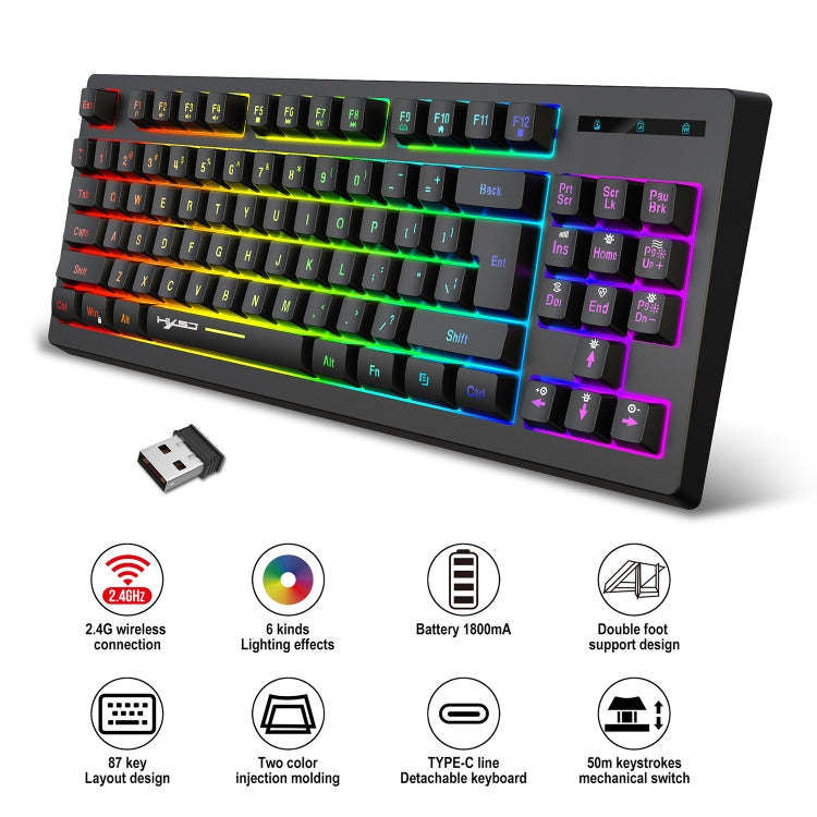 HXSJ L100 Tastiera wireless 2.4G con film retroilluminato RGB a 87 tasti