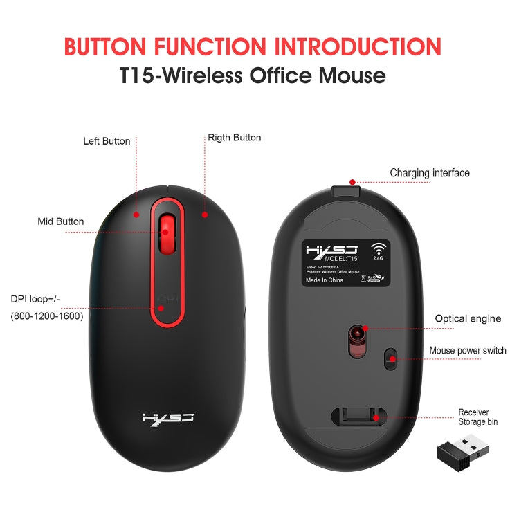 HXSJ T15 2.4GHz 4 tasti mouse muto senza fili, T15 Black, T15 White