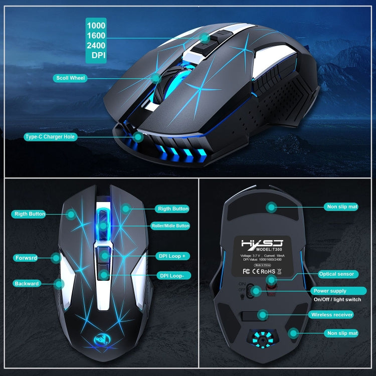 HXSJ T300 7 Tasti 2400DPI 2.4G Mouse wireless luminoso colorato, T300 Black, T300 White