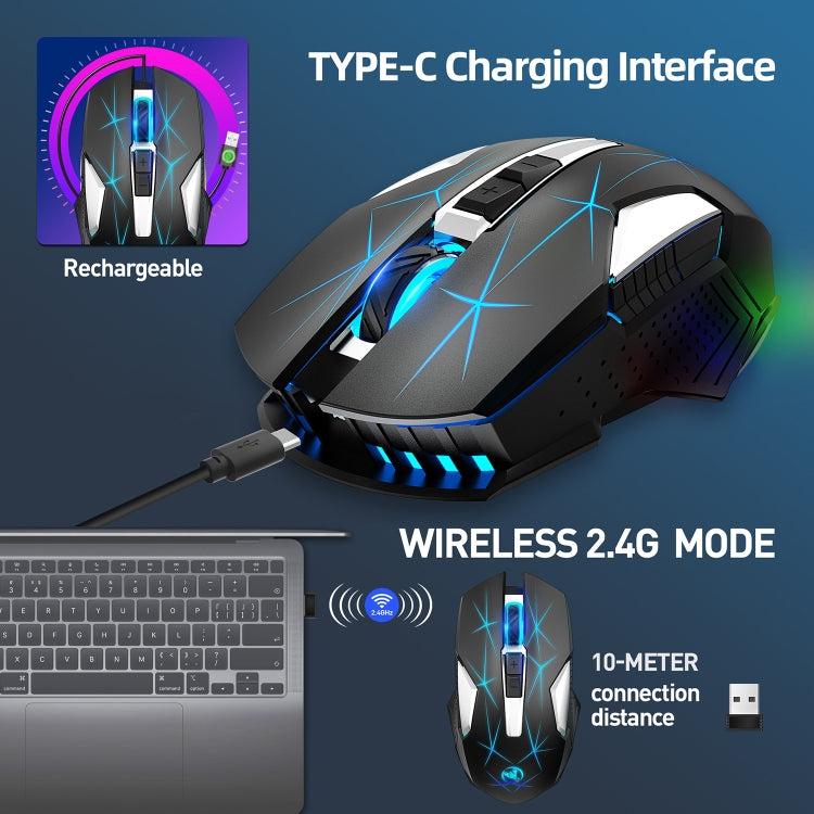 HXSJ T300 7 Tasti 2400DPI 2.4G Mouse wireless luminoso colorato, T300 Black, T300 White
