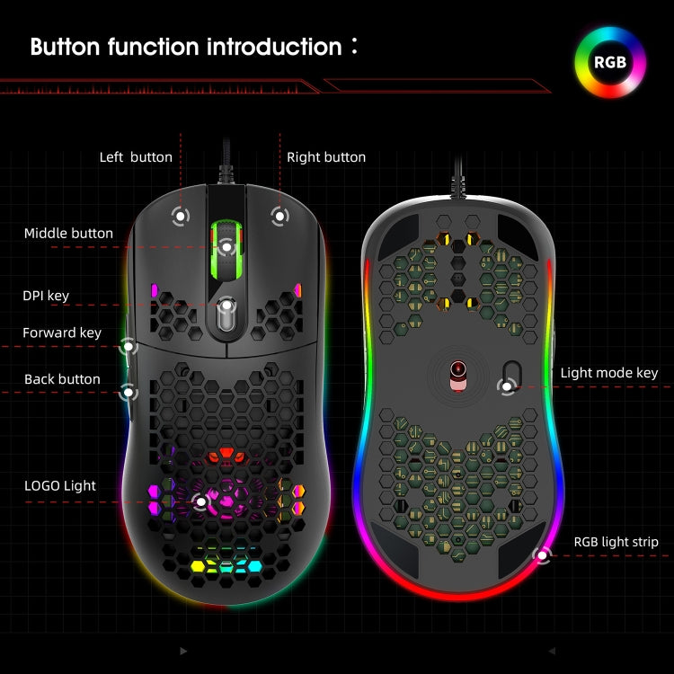 HXSJ X600 Mouse da gioco cablato con programmazione macro luminosa RGB a 6 tasti, X600