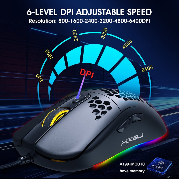 HXSJ X600 Mouse da gioco cablato con programmazione macro luminosa RGB a 6 tasti, X600