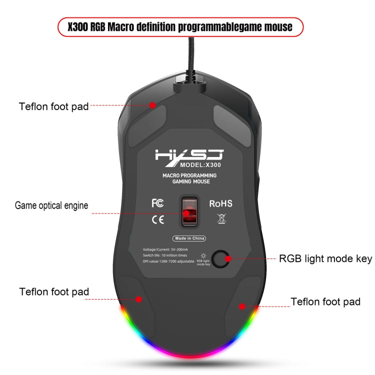 HXSJ X300 7200 DPI RGB Retroilluminazione Intercambiabile Cover posteriore Foro Gaming Wired Mouse, X300 Black, X300 White
