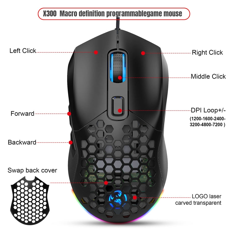 HXSJ X300 7200 DPI RGB Retroilluminazione Intercambiabile Cover posteriore Foro Gaming Wired Mouse, X300 Black, X300 White