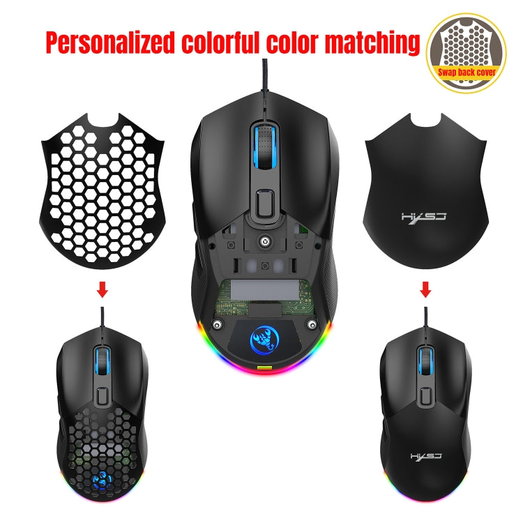 HXSJ X300 7200 DPI RGB Retroilluminazione Intercambiabile Cover posteriore Foro Gaming Wired Mouse, X300 Black, X300 White