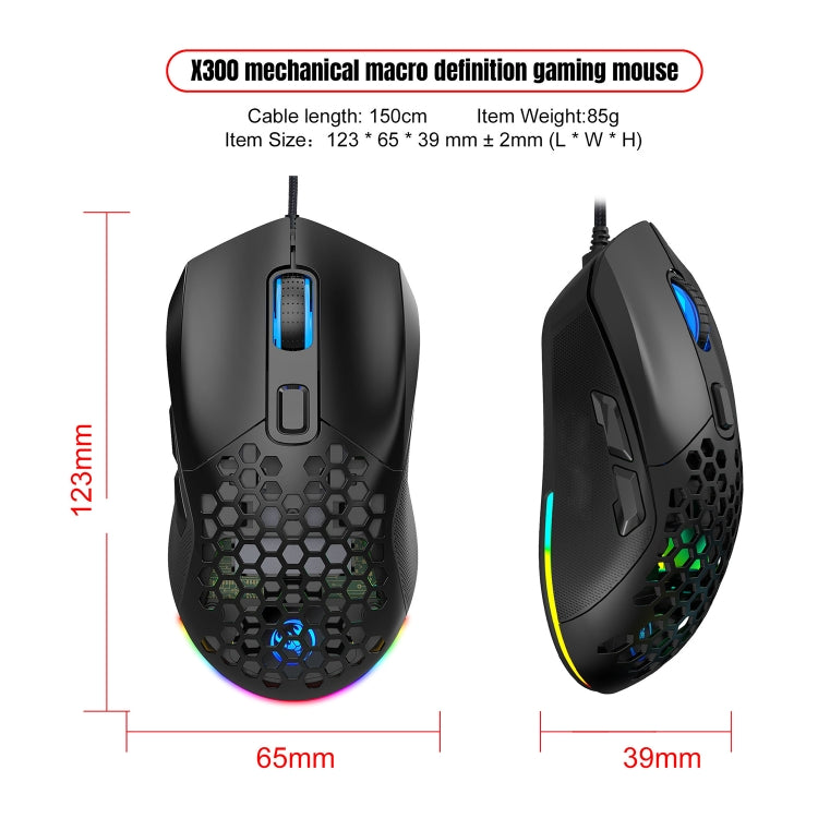 HXSJ X300 7200 DPI RGB Retroilluminazione Intercambiabile Cover posteriore Foro Gaming Wired Mouse, X300 Black, X300 White