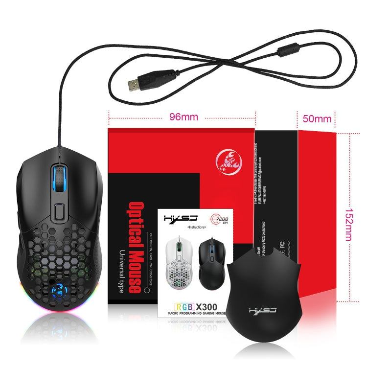 HXSJ X300 7200 DPI RGB Retroilluminazione Intercambiabile Cover posteriore Foro Gaming Wired Mouse, X300 Black, X300 White