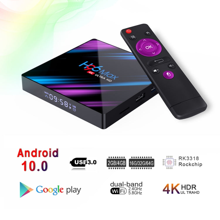 H96 Max-3318 Box TV Android 4K Ultra HD con telecomando, Android 10.0, RK3318 Quad-Core 64bit Cortex-A53, 4GB+64GB, Supporto TF Card / USBx2 / AV / Ethernet, AU Plug, EU Plug, UK Plug, US Plug