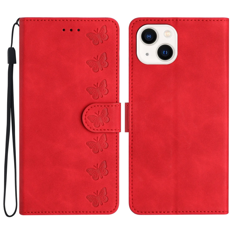 Custodia per telefono in pelle goffrata con sette farfalle, For iPhone 15, For iPhone 14 Plus, For iPhone 14, For iPhone 14 Pro