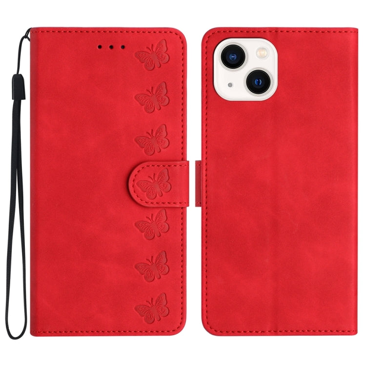 Custodia per telefono in pelle goffrata con sette farfalle, For iPhone 15, For iPhone 14 Plus, For iPhone 14, For iPhone 14 Pro