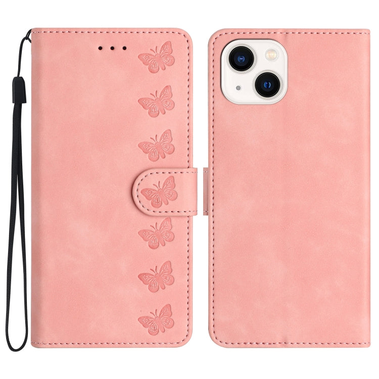Custodia per telefono in pelle goffrata con sette farfalle, For iPhone 15, For iPhone 14 Plus, For iPhone 14, For iPhone 14 Pro