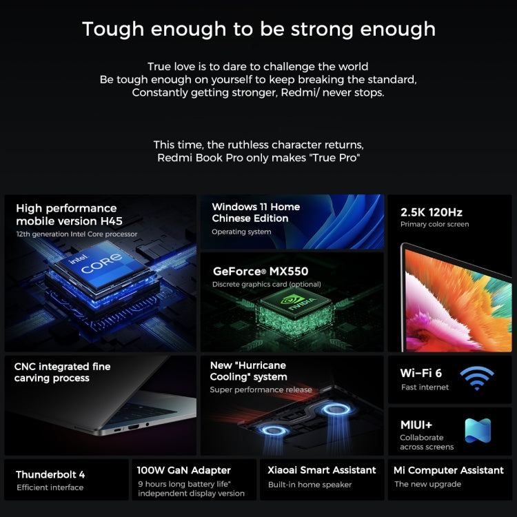 Laptop Xiaomi RedmiBook Pro da 14 pollici, versione cinese di Windows 11 Home, scheda grafica discreta Intel 12th Gen Core i7-12650H Deca Core MX550, i7-12650H MX550