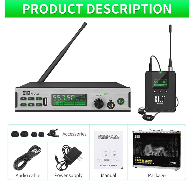 XTUGA SEM100 Sistema di monitoraggio auricolare wireless professionale, 1 BodyPacks, 2 BodyPacks