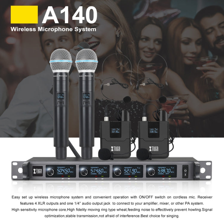 Sistema microfonico wireless XTUGA A140-HB Microfono auricolare Lavalier palmare a 4 canali, A140-HB