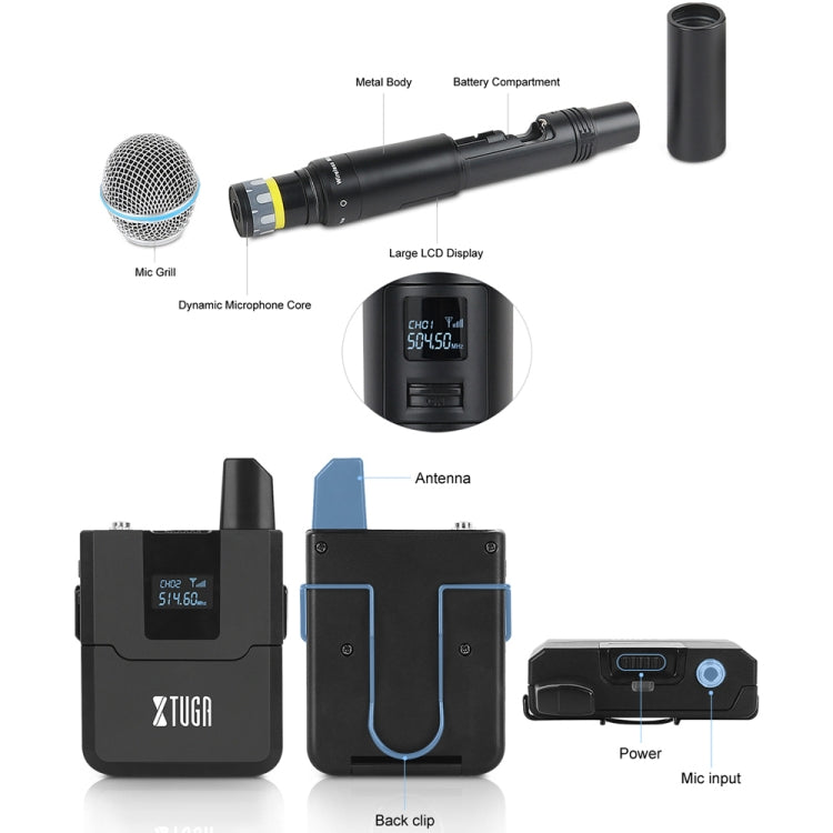 Sistema microfonico wireless XTUGA A140-HB Microfono auricolare Lavalier palmare a 4 canali, A140-HB