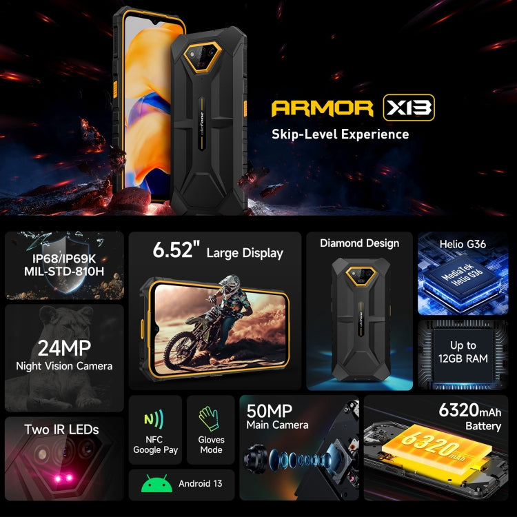 Ulefone Armor X13, telefono robusto IP68/IP69K, Android 13 MediaTek Helio G36 Octa Core da 6,52 pollici, rete: 4G, NFC, OTG, 6GB+64GB