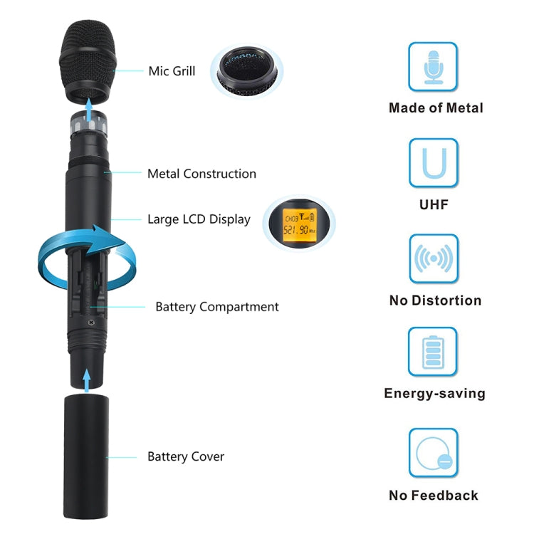 XTUGA A400-HB Sistema microfonico wireless UHF professionale a 4 canali con 2 microfoni palmari e 2 con cuffia, A400-HB