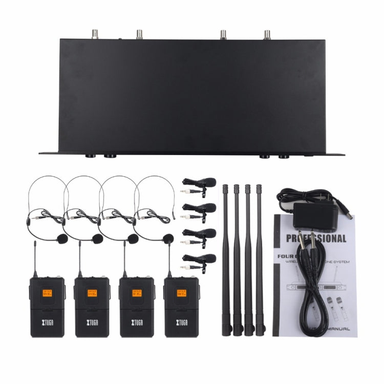 XTUGA A400-B Sistema microfonico wireless UHF professionale a 4 canali con 4 microfoni Lavalier BodyPack, A400-B