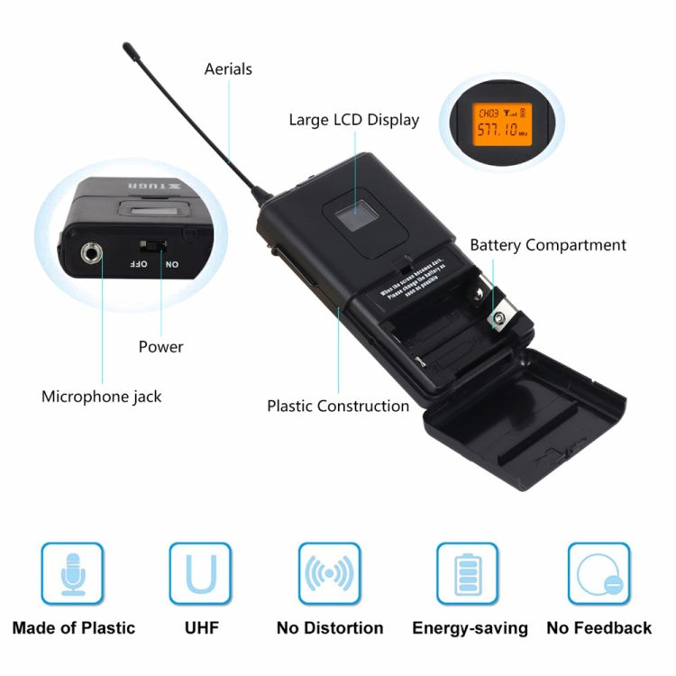 XTUGA A400-B Sistema microfonico wireless UHF professionale a 4 canali con 4 microfoni Lavalier BodyPack, A400-B