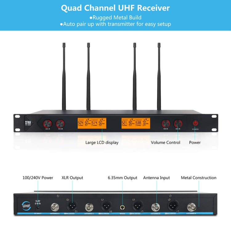 XTUGA A400-B Sistema microfonico wireless UHF professionale a 4 canali con 4 microfoni Lavalier BodyPack, A400-B