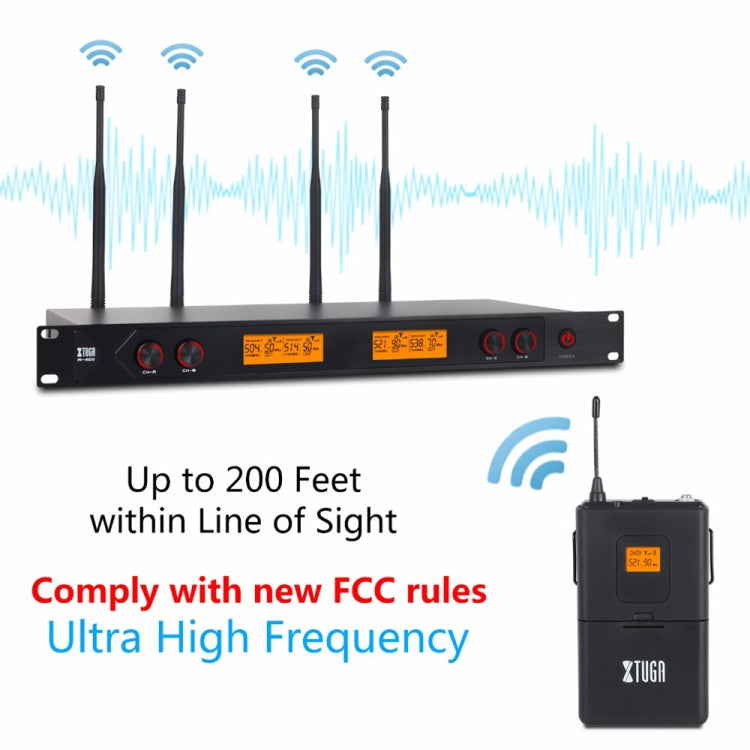 XTUGA A400-B Sistema microfonico wireless UHF professionale a 4 canali con 4 microfoni Lavalier BodyPack, A400-B