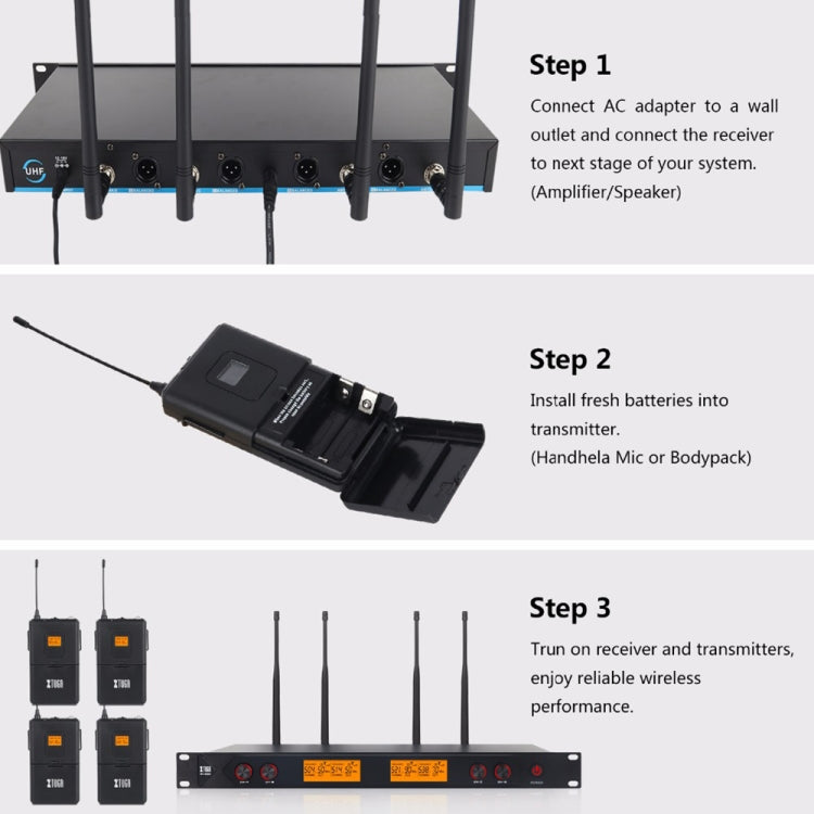 XTUGA A400-B Sistema microfonico wireless UHF professionale a 4 canali con 4 microfoni Lavalier BodyPack, A400-B